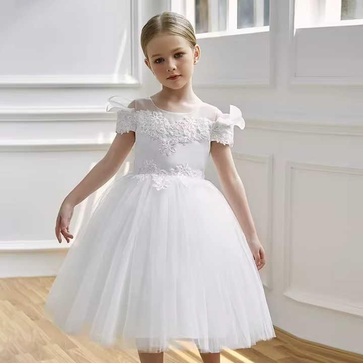 ドレス 結婚式 パーティー コミュニオン エレガント 半袖 レースデザイン 上品 可愛い 王女 プレゼント 人気 おしゃれ さわやか(3.0)