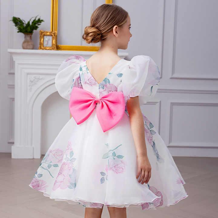 ドレス・ハワイアンプリント 花柄 キッズ 夏 カラフル ウェディング パーティー シフォン 膝丈 パフスリーブ おしゃれ 可愛い 人気