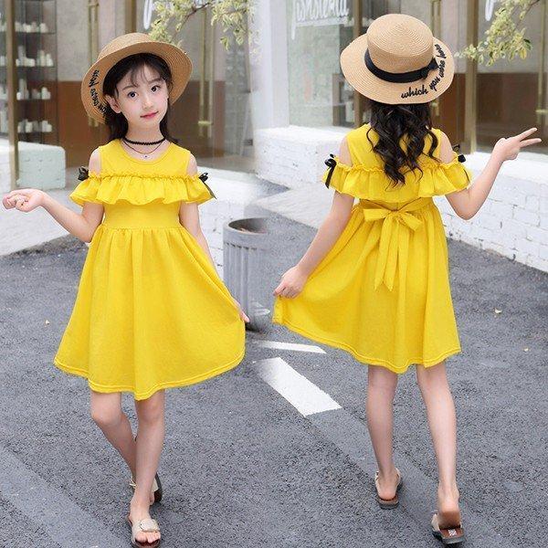 子供服 ワンピース 春夏 女の子 キッズワンピース 半袖 肩出し 無地 チュニック 子供ドレス ジュニア おしゃれ カジュアル お姫様 可愛い 通学着