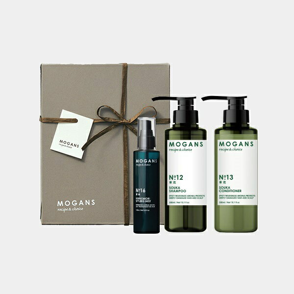 商品説明 ＜MOGANS シャンプー・コンディショナー 草花＞ すこやかな頭皮環境へ整える薬用スキャルプケアシャンプーとコンディショナーのセットです。植物由来成分を99％以上配合(水を含む)、頭皮トラブルをケアしながら美髪を育みます。 ＜MOGANS スタイリングヘアミスト＞ 63種類の天然美容成分と、4種類のセラミドやアルガンオイルなどの補修・保湿成分を贅沢に配合。霧のように細かいミストが髪に潤いと艶を与え、さらっとエアリーな質感に仕上げます。 ギフト商品ご利用に際してのご注意 ・明細書は同梱いたしません。明細内容は注文履歴や注文メールをご確認ください。 ・ギフトボックスのみ、またはラッピングサービスのご注文は承っておりません。 ・ショッピングバッグの取り扱いはございません。 商品詳細 商品名 ノンシリコン アミノ酸 ヘアシャンプー 草花(そうか) 300mL×1 ノンシリコン アミノ酸 ヘアコンディショナー 草花(そうか) 300mL×1 スタイリングヘアミスト 150mL×1 MORGANSオリジナルギフトボックス×1 使用方法 ・シャンプー／コンディショナー 充分に濡れた髪に塗布し、強く擦らずにやさしく泡立ててシャンプーし、1分程度放置後充分にすすいで下さい。その後、コンディショナーを適量つけて、根元から毛先まで充分に塗布してください。5〜10分放置後軽く洗い流してください。 ・スタイリングヘアミスト 容器をよく振ったあと、髪から10cm 程度離してから適量を直接スプレーし、髪全体に馴染ませてください。 　　 不使用成分 石油由来界面活性剤、合成香料、合成着色料、鉱物油、ラウリル硫酸NA、DEA、MEA、TEA、シリコン、合成ポリマー、フェノキシエタノール、パラベン 全成分表示 ・ノンシリコン アミノ酸 スキャルプケアシャンプー 草花(そうか) 水、ラウロイルメチルアラニンNa、コカミドプロピルベタイン、デシルグルコシド、ベタイン、グリチルリチン酸2K、グルタミン酸Na、アルギニン、アスパラギン酸、グリシン、アラニン、セリン、バリン、イソロイシン、トレオニン、プロリン、リシンHCl、ヒスチジン、フェニルアラニン、システイン、セテアレス‐60ミリスチルグリコール、エチルヘキシルグリセリン、マンダリンオレンジ果皮油、コリアンダー果実油、オレンジ果皮油、イランイラン花油、チョウジ葉油、ニオイテンジクアオイ油、ビターオレンジ花油、ラベンダー油、オリーブ果実油、グルタミン酸、ツバキ種子油、ブドウ種子油、月見草油、ヒマワリ種子油、トウガラシ果実エキス、センブリエキス、トコフェロール、エタノール、クエン酸、カラメル、PCA、PCA-Na、乳酸Na、EDTA-2Na、ポリクオタニウム‐10、安息香酸Na、メチルクロロイソチアゾリノン、メチルイソチアゾリノン ・ノンシリコン アミノ酸 スキャルプケアコンディショナー 草花(そうか) 水、水添ナタネ油アルコール、イソステアリン酸エチル、ジメチルステアラミン、オクチルドデカノール、ベヘニルアルコール、グリチルリチン酸2K、ダイマージリノール酸（フィトステリル／イソステアリル／セチル／ステアリル／ベヘニル）、エチルヘキシルグリセリン、ジラウロイルグルタミン酸リシンNa、ベタイン、コリアンダー果実油、マンダリンオレンジ果皮油、オレンジ果皮油、イランイラン花油、チョウジ葉油、ニオイテンジクアオイ油、ビターオレンジ花油、ラベンダー油、オリーブ果実油、ツバキ種子油、ブドウ種子油、月見草油、ヒマワリ種子油、トウガラシ果実エキス、グルタミン酸、センブリエキス、アルギニン、アスパラギン酸、グリシン、アラニン、セリン、バリン、イソロイシン、トレオニン、プロリン、グルタミン酸Na、システイン、リシンHCl、ヒスチジン、フェニルアラニン、トコフェロール、エタノール、BG、PCA-Na、PCA、乳酸、乳酸Na、安息香酸Na、メチルクロロイソチアゾリノン、メチルイソチアゾリノン ・スタイリングヘアミスト 水、アロエベラ液汁、プロパンジオール、セトリモニウムクロリド、ジココジモニウムクロリド、イソプロパノール、クエン酸、クエン酸Na、カンゾウ葉エキス、マヨラナ葉エキス、アシタバ葉/ 茎エキス、ミリスチルアルコール、ステアラミドプロピルジメチルアミン、BG、DPG、ココイルアルギニンエチルPCA、ジラウロイルグルタミン酸リシンNa、加水分解エンドウタンパク、乳酸、ベヘニルアルコール、セバシン酸ジエチル、γ- ドコサラクトン、アルガニアスピノサ核油、オリーブ果実油、ミリスチン酸PPG-3ベンジルエーテル、ホホバ種子油、ダイマージリノール酸ジ（イソステアリル/ フィトステリル）、トコフェロール、ツバキ種子油、ヒマワリ種子油、PEG-40 水添ヒマシ油、メトキシケイヒ酸エチルヘキシル、ローズマリー葉エキス、イタドリ根エキス、カンゾウ根エキス、チャ葉エキス、カミツレ花エキス、ユズ果実エキス、ダイズイソフラボン、クズ根エキス、プエラリアミリフィカ根エキス、アメリカショウマ根エキス、カラトウキ根エキス、ザクロエキス、水添レシチン、ダイズステロール、セラミドNG、セラミドNP、セラミドAG、セラミドAP、PCA-Na、乳酸Na、アルギニン、アスパラギン酸、PCA、グリシン、アラニン、セリン、バリン、プロリン、トレオニン、イソロイシン、ヒスチジン、フェニルアラニン、オウゴン根エキス、アルニカ花エキス、オドリコソウ花エキス、オランダガラシ葉エキス、ゴボウ根エキス、セイヨウキズタエキス、ニンニク根エキス、セイヨウアカマツ球果エキス、ローマカミツレ花エキス、ツボクサエキス、グレープフルーツ果皮油、オレンジ果皮油、ベルガモット果実油、レモン果皮油、ライム油、エンピツビャクシン油、セイヨウハッカ油、マンダリンオレンジ果皮油 製造 日本製 広告文責 彩り株式会社　03-6833-6406 メーカー 彩り株式会社　03-6833-6406 ご注意 ご注意：効果・効能もしくはお肌については個人差があるため、もし合わない場合は、利用を中止し医師に相談して下さい。 商品区分 化粧品
