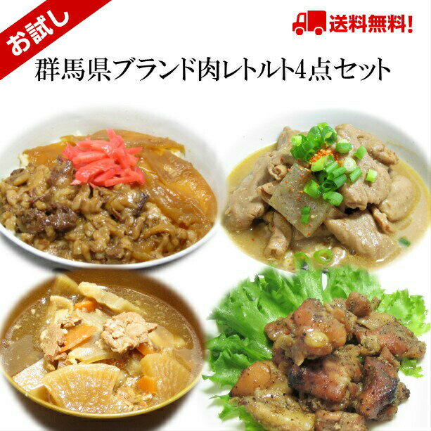 もつ煮 【マラソン開始4時間限定!!店内全品20％OFF★23日20:00～】メール便 送料無料 群馬レトルト惣菜4点セット 牛丼 とん汁 もつ煮 地鶏炭火焼 詰め合わせ レトルト食品 食べ比べ ごはんのおとも 酒の肴 常温 ご当地グルメ 群馬 上州