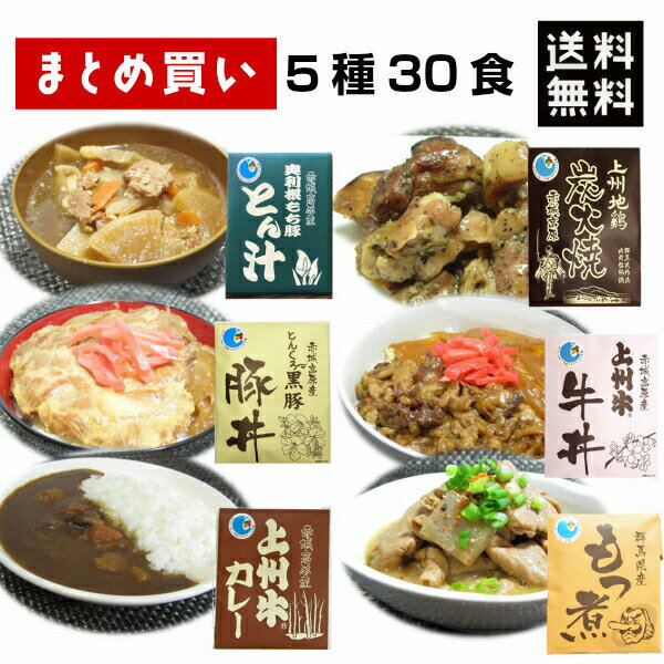 【ポイント2倍確定＆店内全品20%OFFクーポン★12日10:59迄】群馬銘柄肉レトルト食品 6種 5袋 30食セット 和風総菜 ごはんのおとも 牛丼の具 豚丼の具 とん汁 地鶏炭火焼 もつ煮 カレー 買い置き