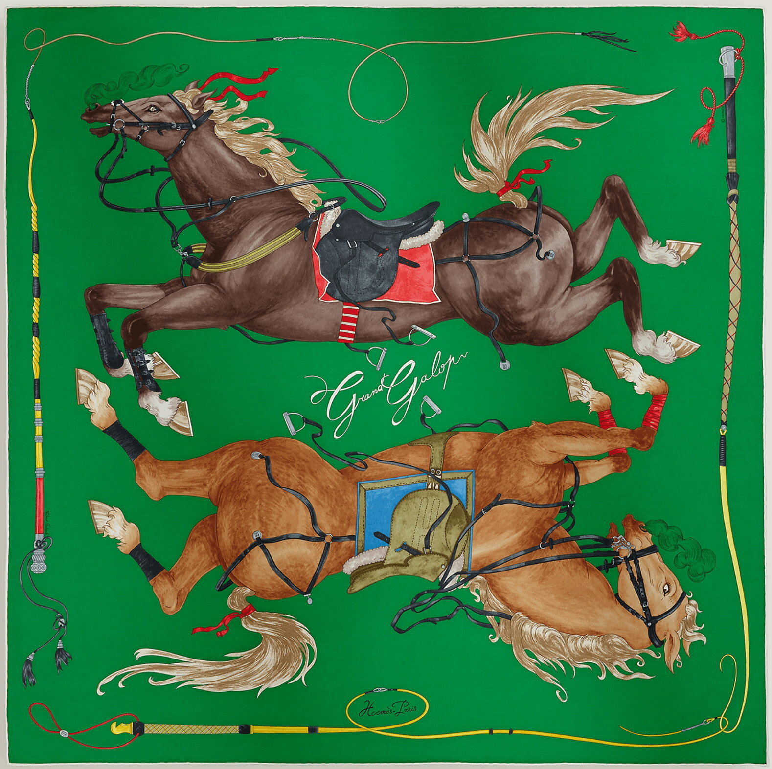 【新品未使用】 Hermes エルメス カレ 90 《グラン・ギャロップ》 小物 カラー ヴェール・エムロード / キュイール / レッド シルク100% スカーフ 新品未使用 2026年春夏新作コレクション