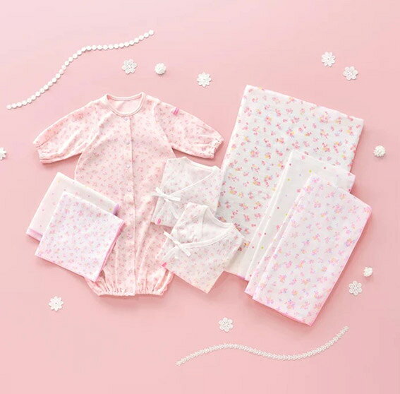 モイベビーの【P2倍　11/14〜11/15】ミキハウス ホットビスケッツ スターターセット(出産準備セット)8点【通年用(総柄)【74-9969-497】日本製 出産準備 出産祝い 新生児 ベビー服 ガーゼハンカチ ガーゼバスタオル『ラッピング不可』｜アングル2
