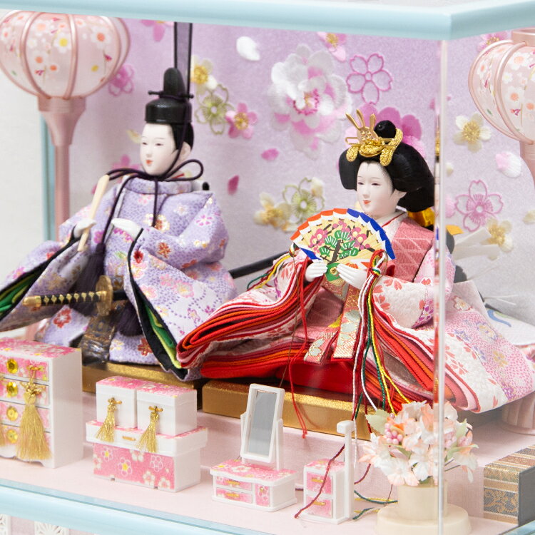 雛人形 親王飾り 桜 S07301 ケース飾り ライトブルー コンパクト ケース飾り 簡単 ...