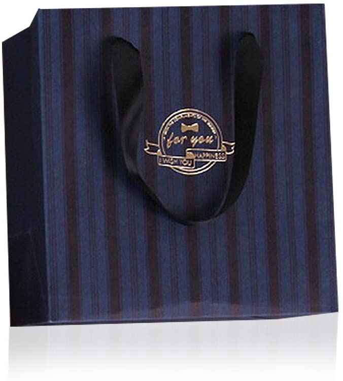 ラッピング ギフトバッグ 手提げ袋 紙袋 5枚 ( ブラックリボン×ダークブルーストライプ 13.5×14.5×9cm )