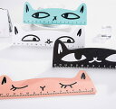 【P10倍&2点以上8%OFF!!】 定規 ものさし 猫 ねこ フェイス 木製 15cm (ピンク ミント ホワイト ブラック 4個セット)
