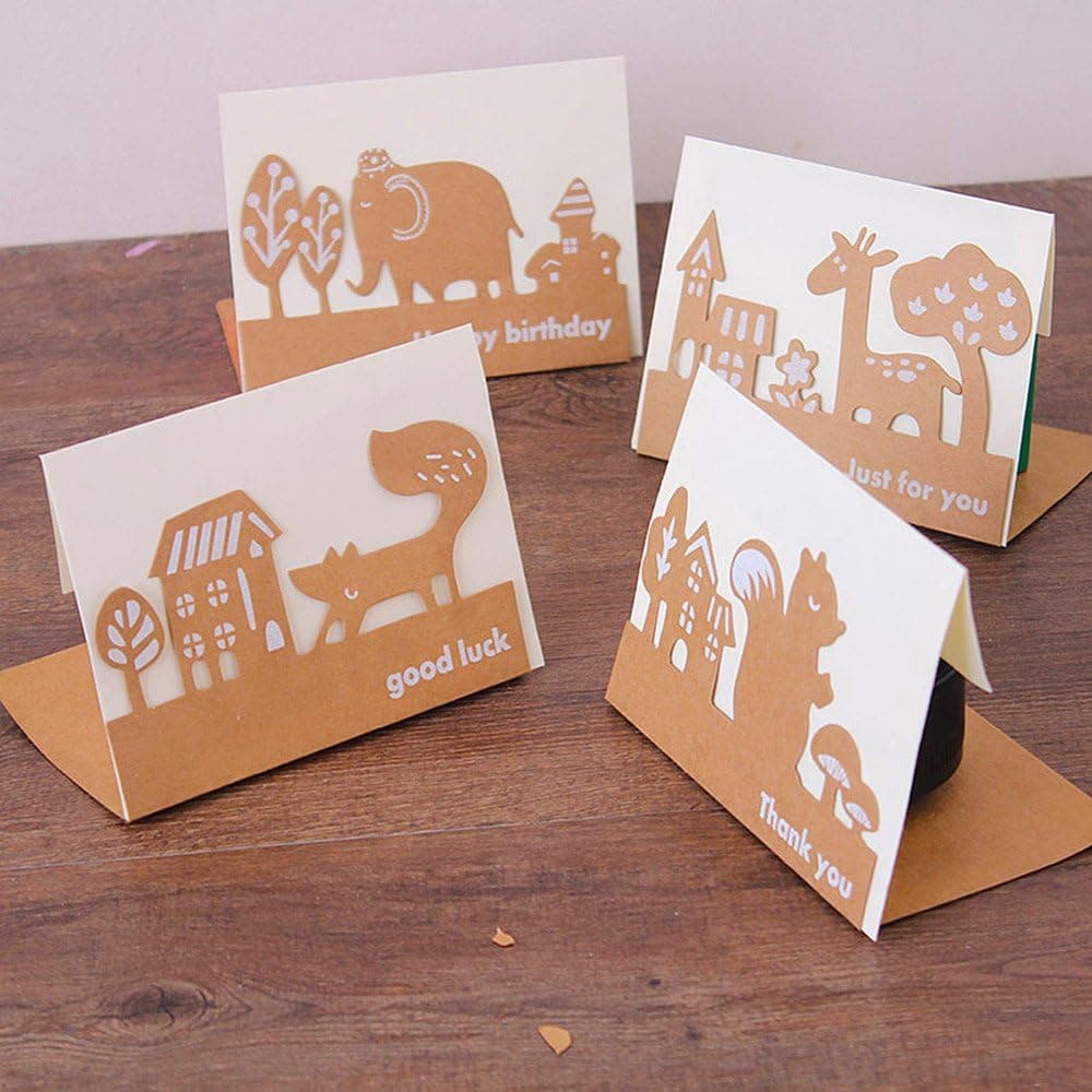 【P5倍!!】最短当日出荷◆ メッセージ カード バースデーカード サンキューカード 森のどうぶつ ナチュラル 切り絵 レトロ ブラウン カード+封筒 4種セッ...