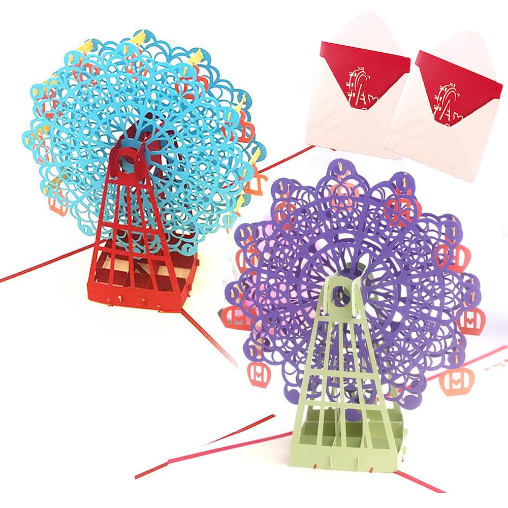 最短当日出荷◆メッセージ カード バースデー グリーディング 切り絵 立体 回る 飛び出す 3D 観覧車 封筒付 赤 パープル&ライトブルー 2種セット