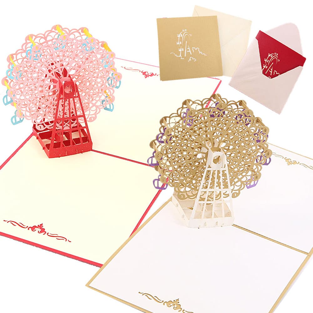 最短当日出荷◆メッセージ カード バースデー グリーディング 切り絵 立体 3D 観覧車 レッド 赤/封筒付/ ピンク+ゴールド 2種セット