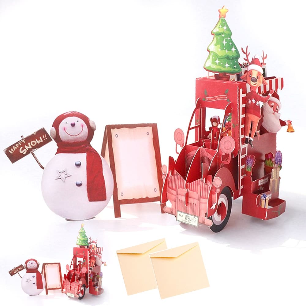 【P5倍!!】最短当日出荷◆メッセージ カード クリスマス レッド 赤 360 度 飛び出す 切り絵 綺麗 立体 3D 移動販売車 のサンタ さん と トナカイ...