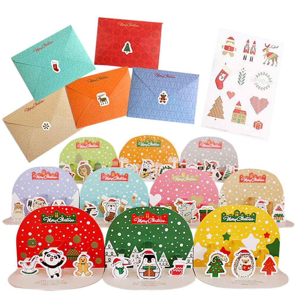 【P5倍!!】最短当日出荷◆メッセージ カード クリスマス 新年 サンタ ミニ アニマル 動物 カラフル 立体 3D 飛び出す カード+封筒+シール 10種セッ...