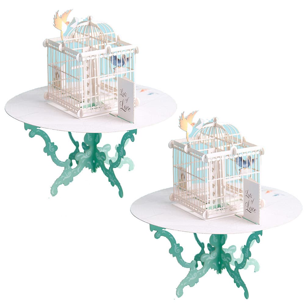 【P5倍!!】最短当日出荷◆メッセージ カード 3D 立体 飛び出す/テーブルの上の小鳥 手紙を届ける バード 鳥かご ホワイト×ライムグリーン 白/本体+封筒...