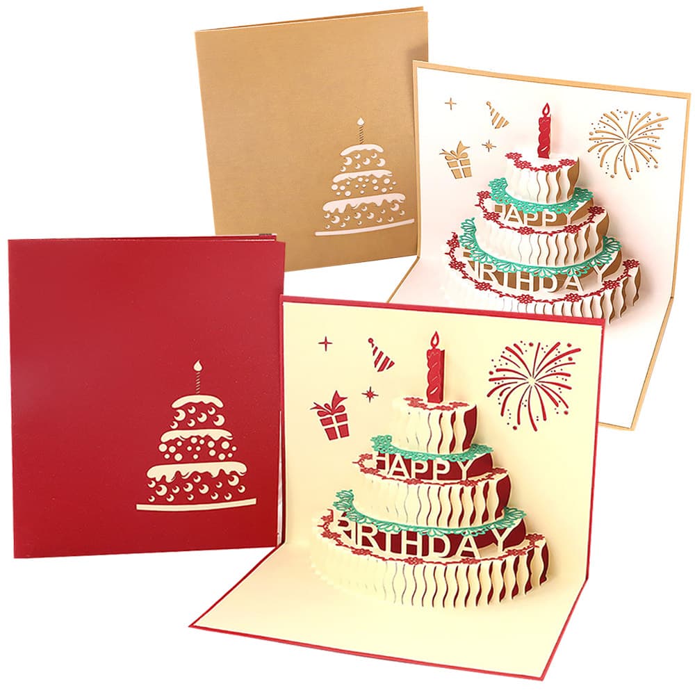 【P5倍!!】最短当日出荷◆メッセージ カード バースデーカード 90度 開く 3D 飛び出す | お花と花火のバースデーケーキ | (赤色/金色 2種セット)
