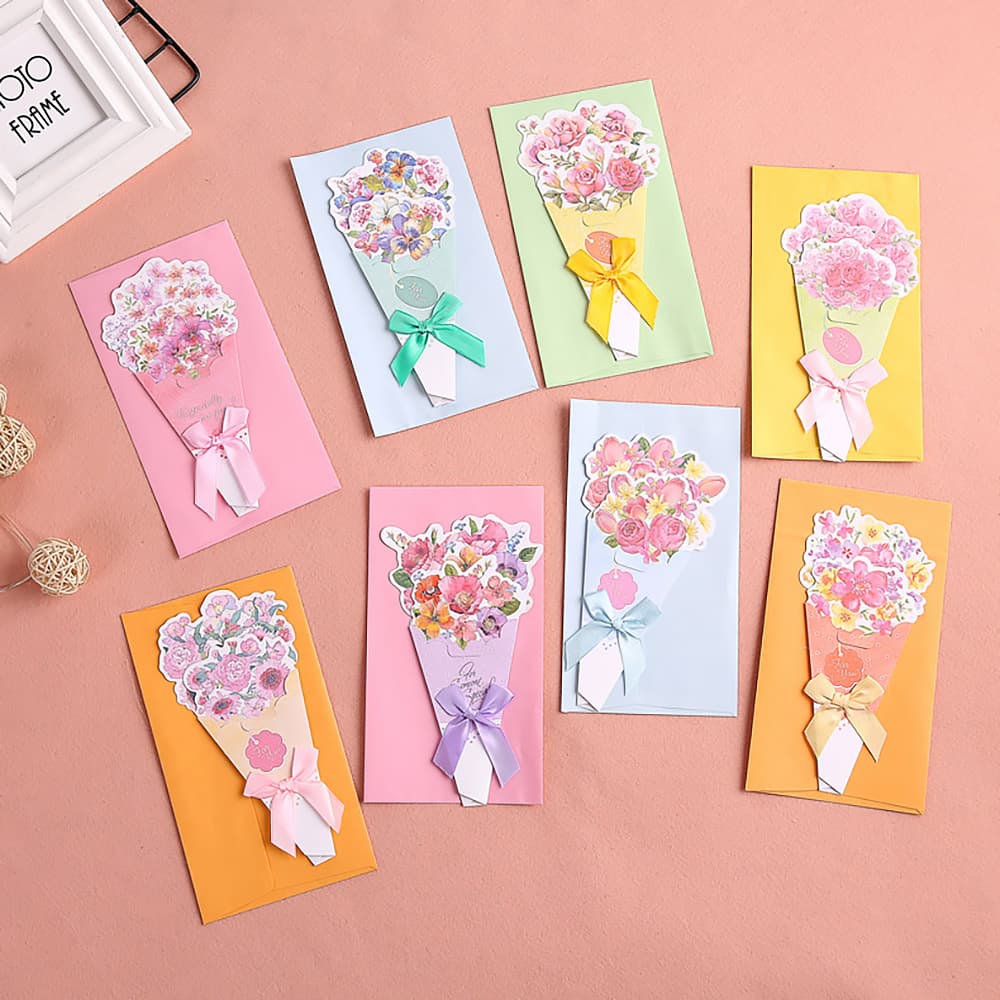 【P5倍!!】最短当日出荷◆メッセージ カード 花束 花 フラワー ブーケ 型 薔薇 ローズ パンジー | リボン カラフル | カード+封筒 8種セット (ピ...