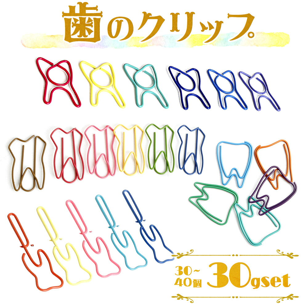 【P10倍&2点以上350円OFF!!】 歯 クリップ 30g ( 30 ～40個 ) セット 歯牙 モチーフ しおり ゼムクリップ 可愛い アソート カラフル ケース入 大容量 歯医者 歯科 キバ