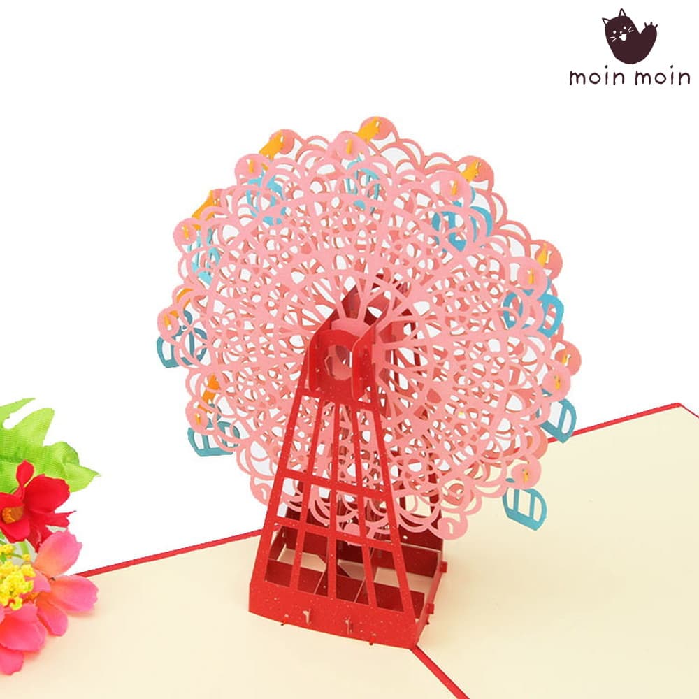 【P5倍!!】最短当日出荷◆メッセージ カード バースデー グリーディング 切り絵 立体 3D 飛び出す 観覧車 レッド 赤/封筒付/ピンク