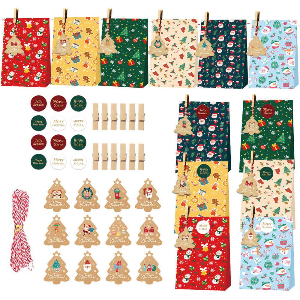 【P5倍!!】最短当日出荷◆大量 12個セット ラッピング ボックス 紙袋 (クリスマス 総柄) 12x22cm+紐 (赤 白 ストライプ)+タグ+ウッド クリ...