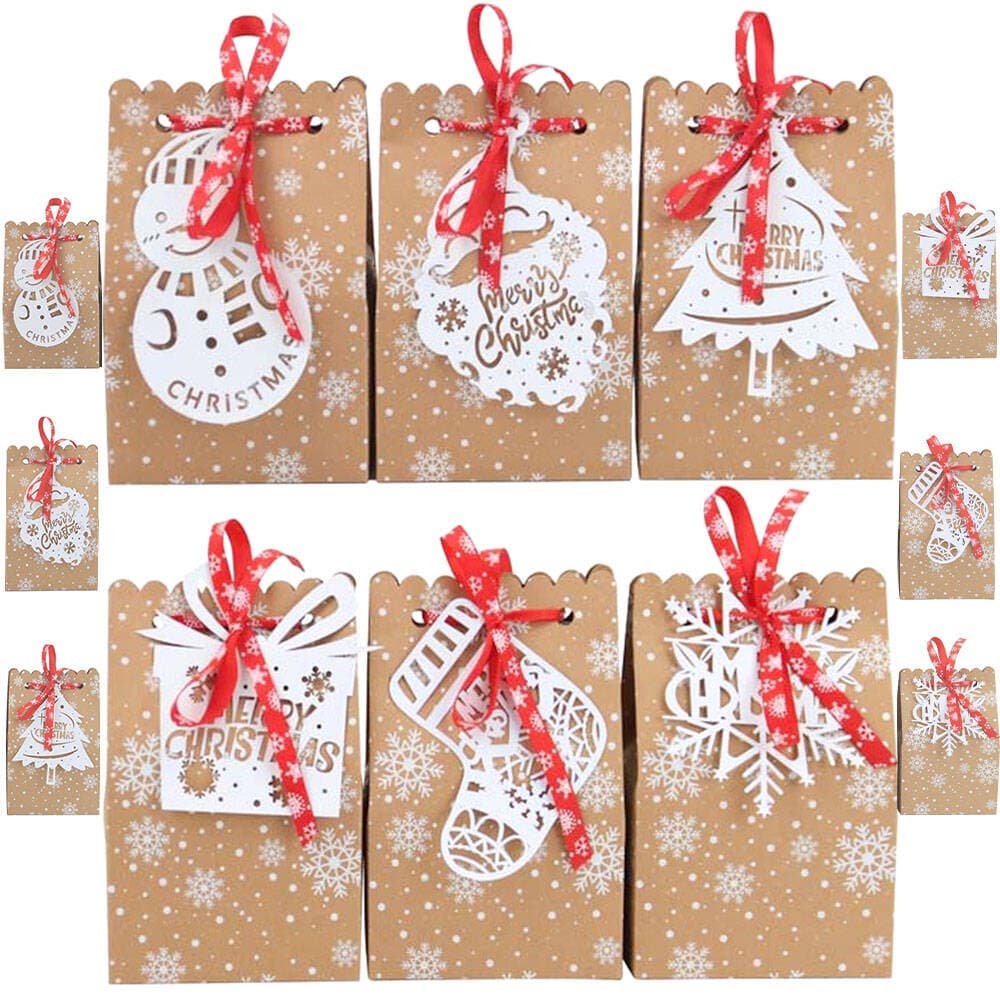 Rakuten - 最短当日出荷◆クリスマス ラッピング ボックス 幅12x奥行7×高さ18.5cm+リボン+タグ 12個セット/クラフト ブラウン プレゼント スカラップ デコレーション ギフト 飾り 装飾 紙箱 切り絵 雪 結晶 スノー エコ ペーパー SDGs