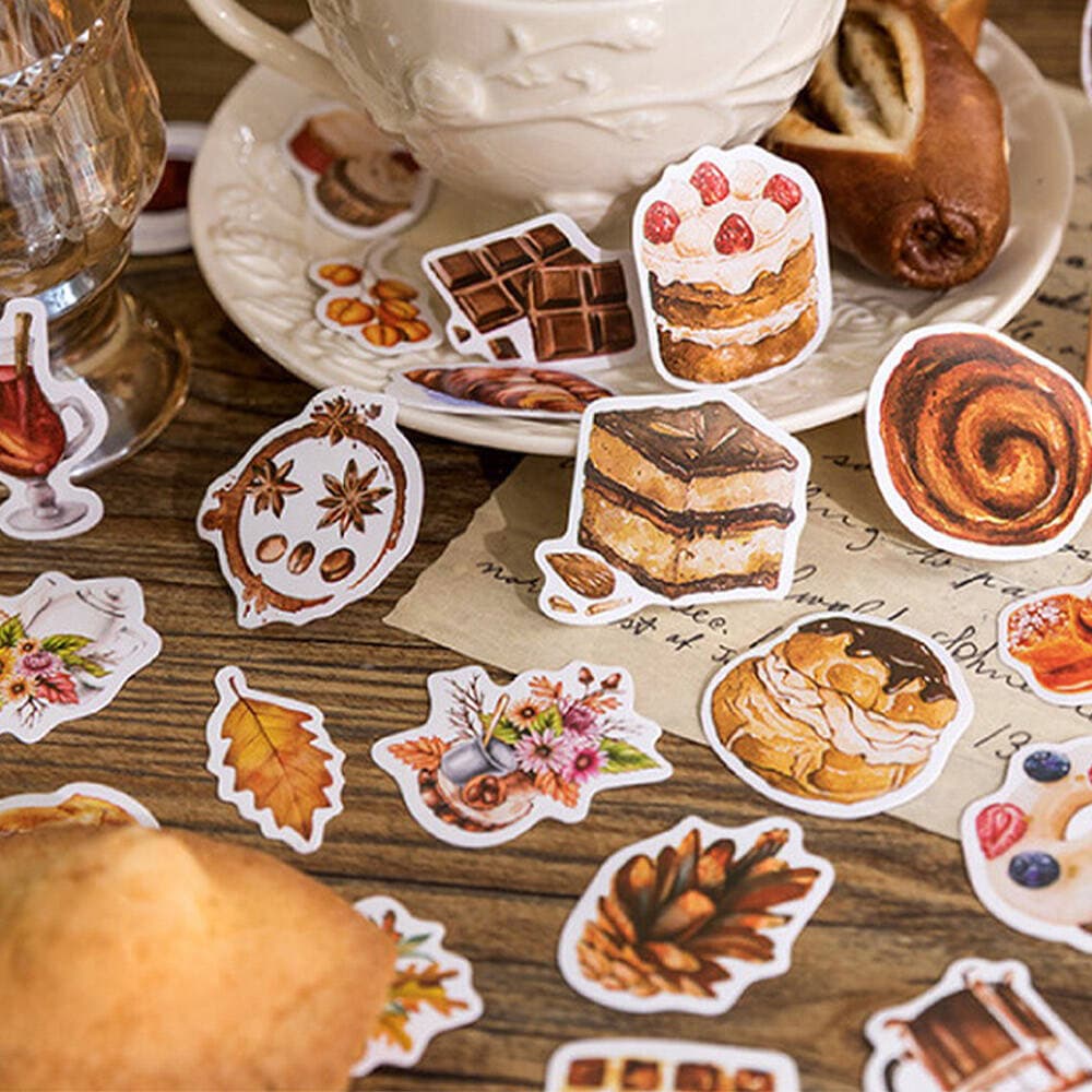 【P5倍!!】最短当日出荷◆シール フレーク ステッカー 90枚セット 秋 レトロ カフェ ワッフル パイ 落ち..