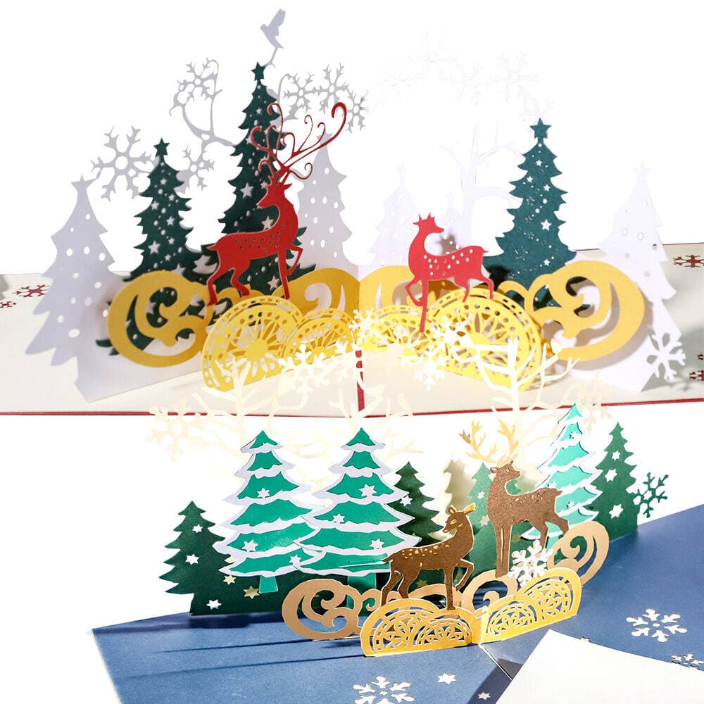 【P5倍!!】最短当日出荷◆クリスマスカード 2種セット (封筒 付) メッセージカード グレーディング 繊細 美麗 | 飛び出す 3D 立体 トナカイ 雪の結...
