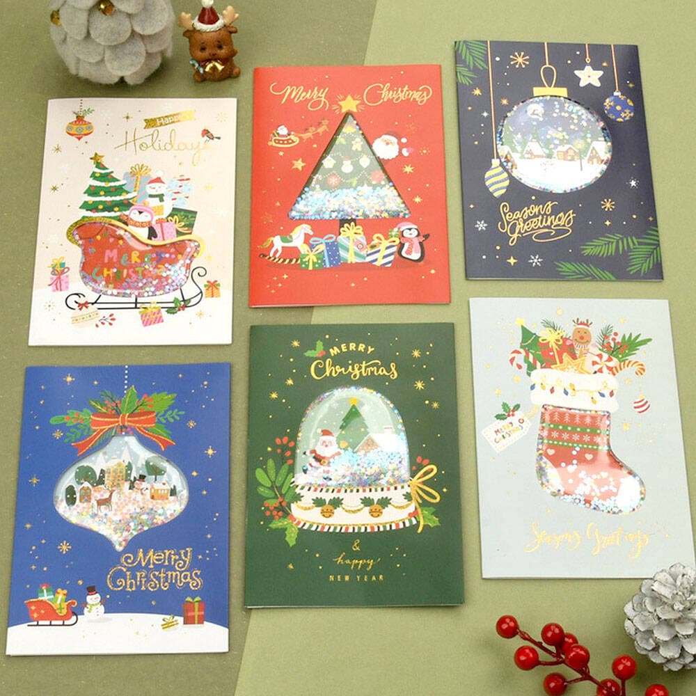 【P5倍!!】最短当日出荷◆メッセージ カード クリスマス カード スノードーム 6種セット (封筒 付) カラフル 立体 3D ポップアップ 大きめ ラメ キ...
