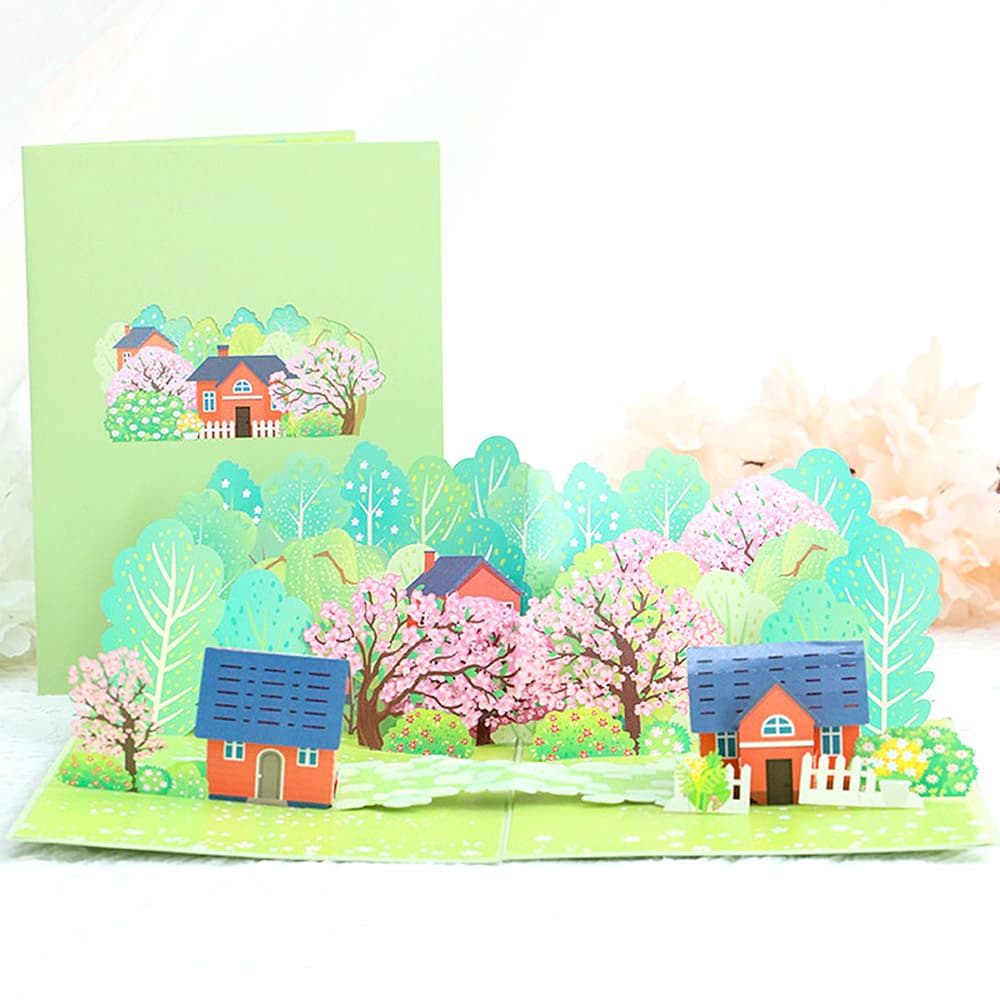 【P5倍!!】最短当日出荷◆メッセージカード グリーティング ミニカード+封筒付 ポップアップ 立体 飛び出す 3D 春夏秋冬 四季 景色 桜 スイレン 紅葉 ...