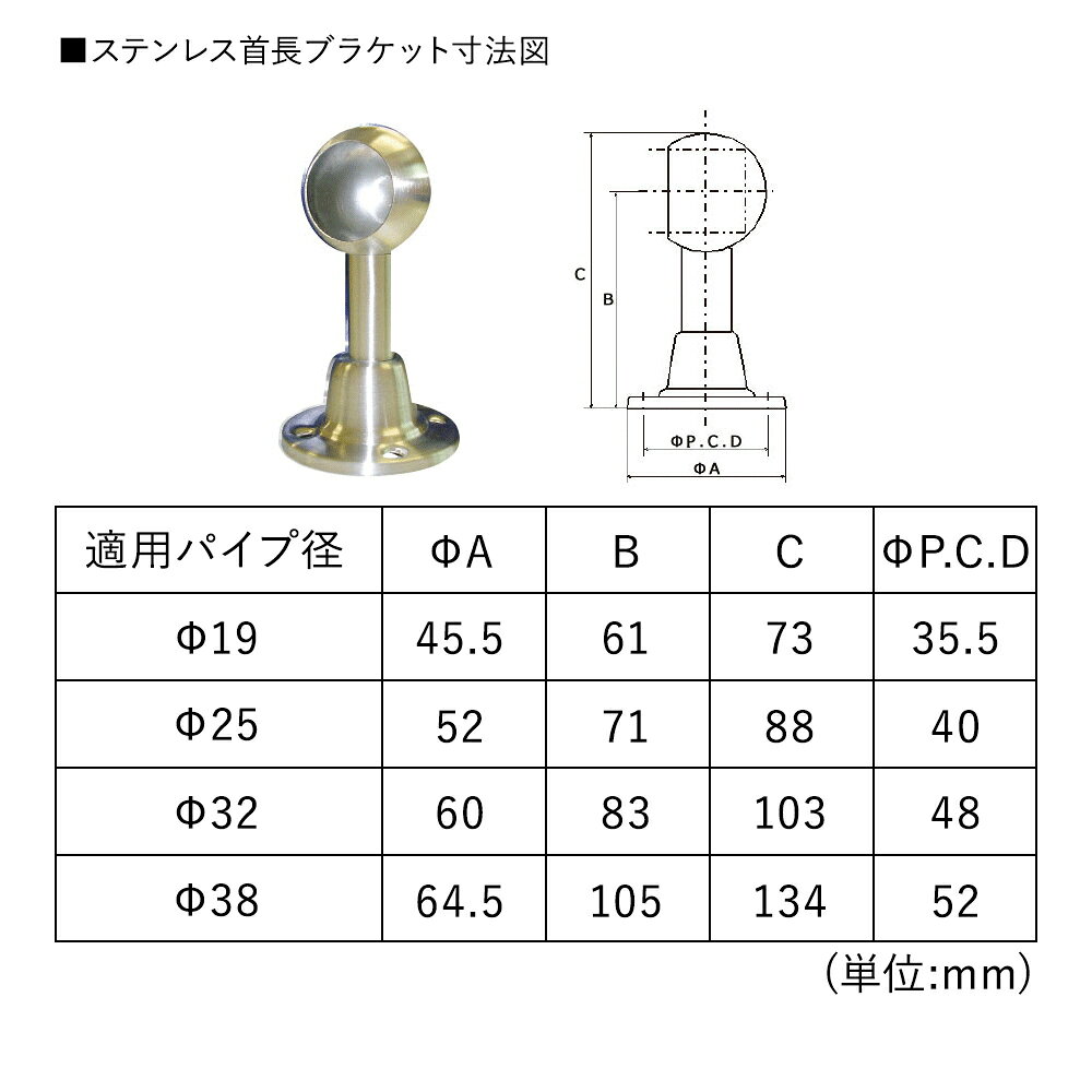 [お買い物マラソンクーポン配布] パイプ用SUS304ステンレス首長ブラケット止/25mm...