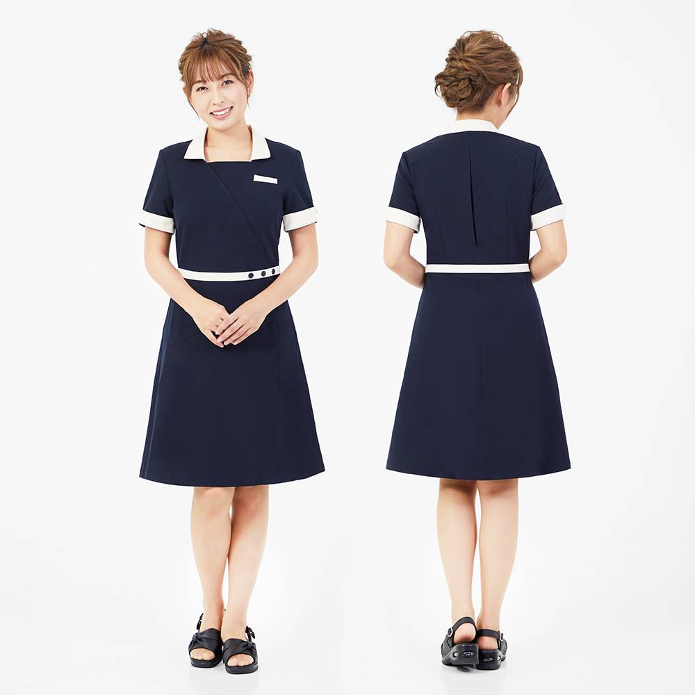 ベリエッラ ワンピースNo.4 業務用 サロン エステ 正規品 CML シーエムエル エステユニフォーム サロン制服 作業服 シンプル ネイビー×クリーム