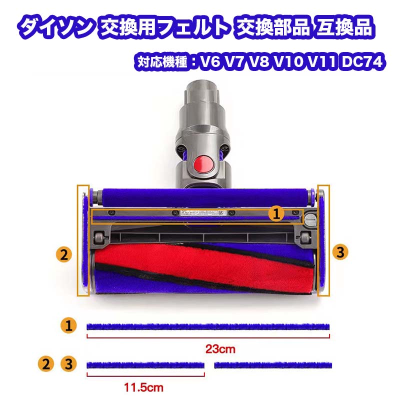 dyson ダイソン 底面 フェルト 交換 互換品 V6 V7 V8 V10 V11 DC74 修理 部品 モール ソフトローラークリーナーヘッド用 RSL