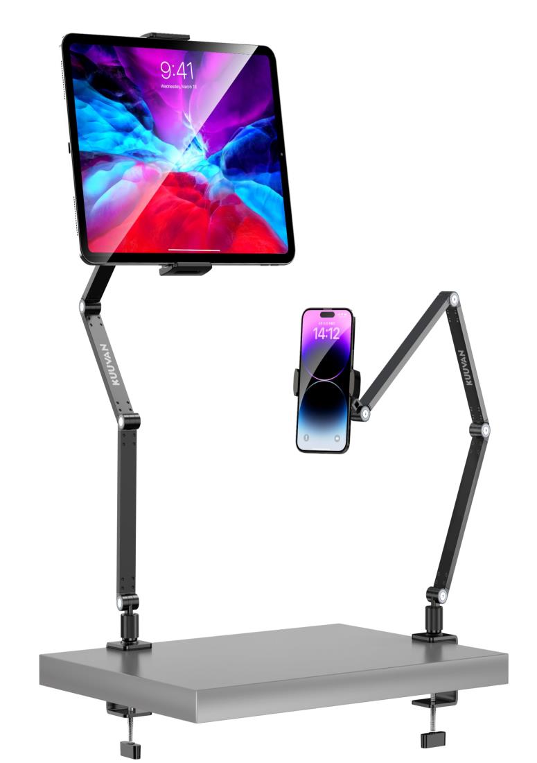 KUUVAN タブレット アーム 2024最新 モバイルモニタースタンド 3段式7関節 アルミ製 4.7-17.3インチ対応 耐荷重1.5キロ 可動域広 俯瞰撮影 角度無段階 収納便利 省スペース スマホ/タブレット/15.6,17.3モバイルモニタ対応