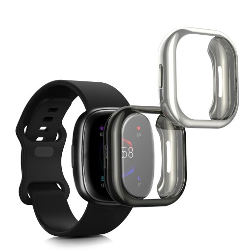 kwmobile 2x ケース Fitbit Versa 4 / Sense 2対応 カバー - フルカバー シリコン 耐衝撃 全体保護 黒色/シルバー kwmobile 2x ケース Fitbit Versa 4 / Sense 2対応 カバー - フルカバー シリコン 耐衝撃 全体保護 黒色/シルバー