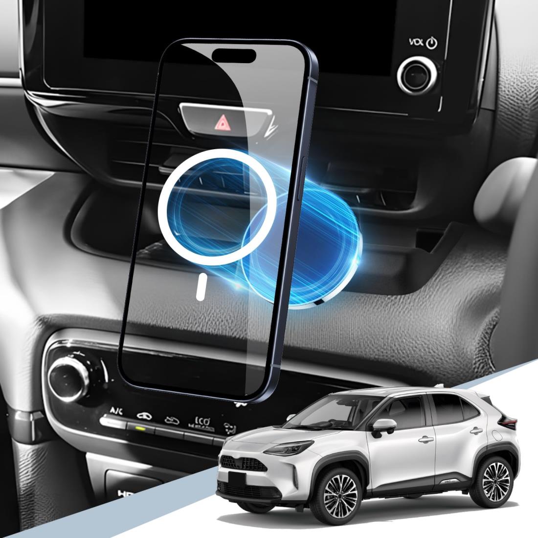 BIBIBO ヤリスクロス 10系 15系 専用 スマホホルダー マグネット式 ヤリスクロス スマホスタンド Magsafe対応 車 ヤリスクロス アクセサリー 携帯ホルダー 超強磁力 エアコン 吹き出し口 360度回転 片手操作 安定 電波干渉なし iPhone16/15/14/13/12 シリーズ Magsafeケース
