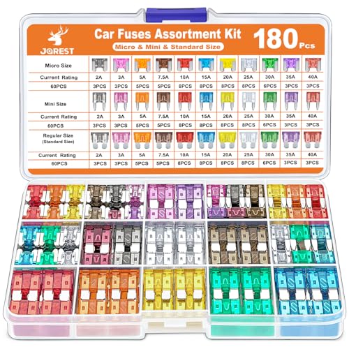 JOREST 180個カーヒューズキット、60個ミニ平型ヒューズ + 60個平型ヒューズ + 60個低背ヒューズ + 1個ヒューズクリップ、 車/トラック/オートバイ用(2A 3A 5A 7.5A 10A 15A 20A 25A 30A 35A 40A)