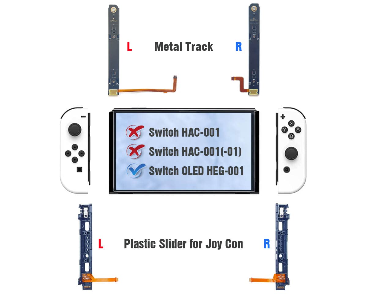 ElecGear 用スライドレール, Switch有機ELモデルHEG-001とJoy Conコントローラー 対応の左右の金属製 Tトラックとプラスチックスライダーバー，フレックスケーブルコネクター付き、修理パーツツールキット付属