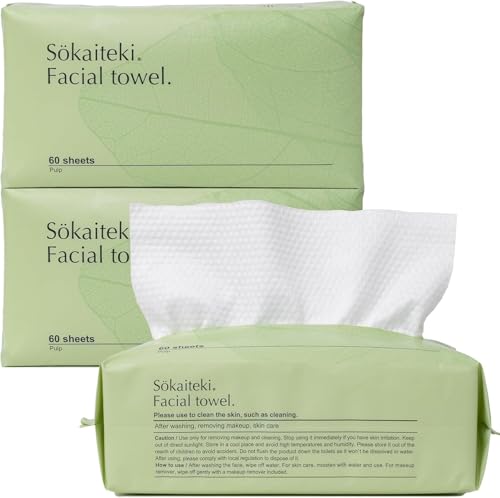 Sokaiteki クレンジングタオル フェイシャルタオル 60枚入り 使い捨てタオル フェイスタオル 使い捨て 洗顔 メイク落とし タオル 厚手 (60枚入り(3パック))