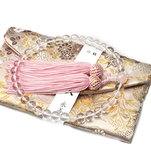 永善念珠屋 数珠 女性用 念珠 念数珠 葬式 葬儀 お通夜 墓参り お盆 法事 法要 念誦 告別式 念珠 金襴(金らん) 数珠袋 お数珠 数珠入れ 略式じゅず 女性 (水晶 （ローズクォーツ）)