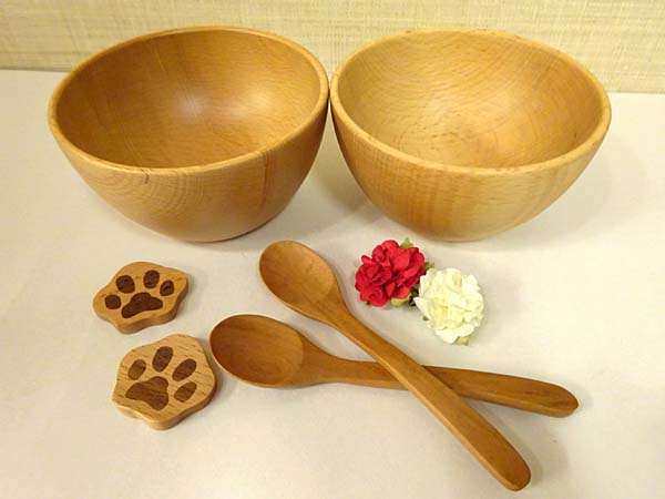 午後のひととき食器セット-1 木製 全6点セット 箱の横幅22.3cm 無料ラッピング 籐芸 カフェオレボウル2個 スプーンS2本 にくきゅう箸置き2個