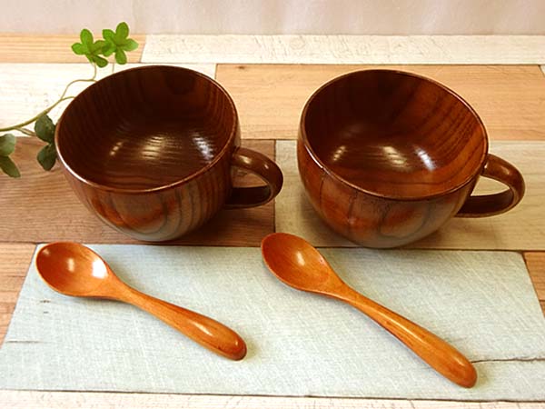 午後のひととき食器セット-2 木製 全4点セット 箱の横幅22cm 無料ラッピング ライフ本舗 木製カップ2個 デミスプーン2本