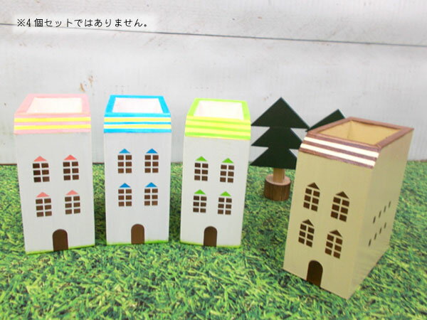斜め屋根のおうちのペンスタンド(しましまピンク・しましま青色・しましま黄緑・しましま茶色)4種から選択 木製 置物 幅4.5cm 奥行8.4cm 日本製 ハンド...