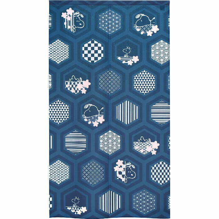 スヌーピーのれん PEANUTS 華小紋 和風柄 日本製 85×150cm 青　95190 タペストリー