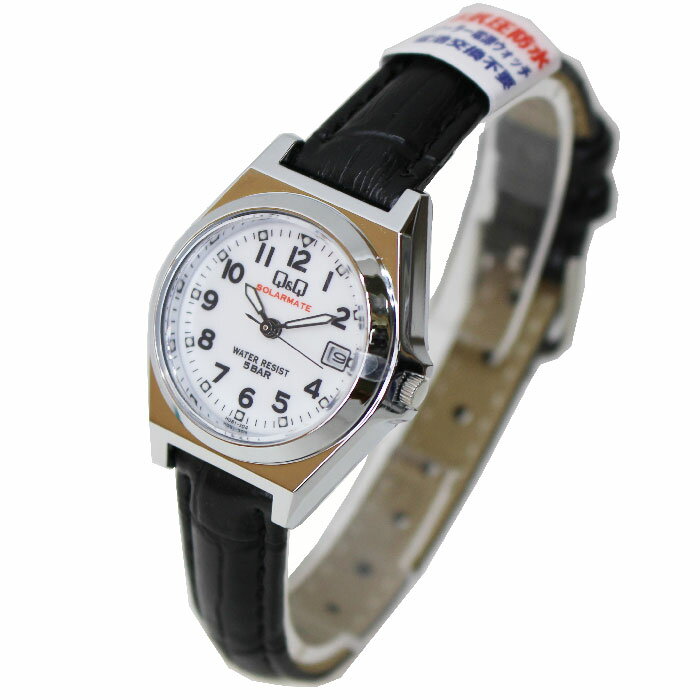 シチズン Q&Q 腕時計 アナログ ソーラー 防水 日付 革ベルト 白 文字盤 H061-304 レディース ブラック【あす楽対応】