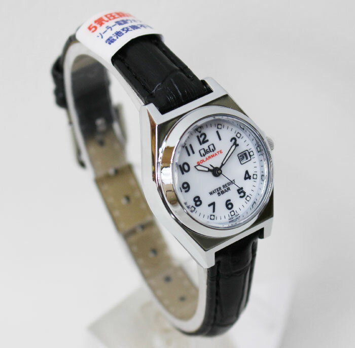 シチズン Q&Q 腕時計 アナログ ソーラー 防水 日付 革ベルト 白 文字盤 H061-304 レディース ブラック【あす楽対応】