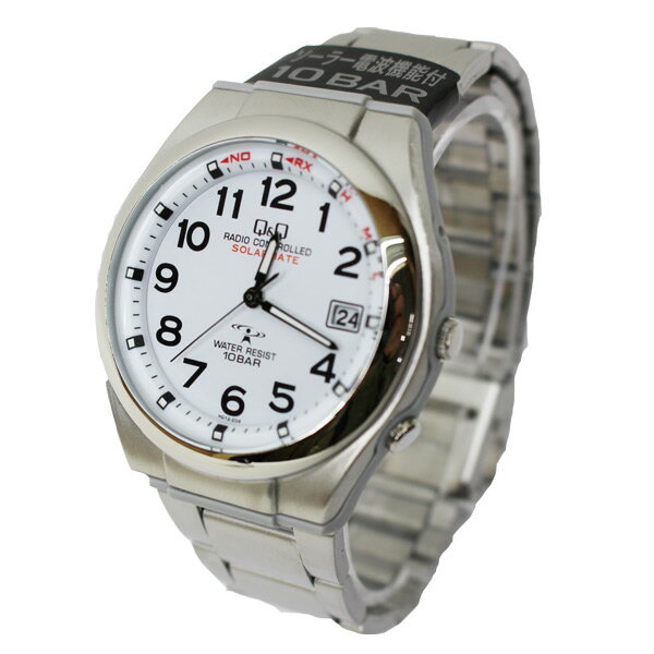 シチズン Q&Q 電波ソーラー腕時計 メンズ 10気圧防水 日付表示 薄い ステンレス ソーラーメイト ホワイトHG12-204【あす楽対応】