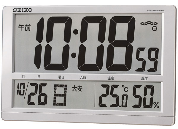 セイコー 掛け置き兼用 大型デジタル 高コントラスト液晶 電波時計 温度湿度表示 銀色メタリック SQ433S 置き時計のサムネイル