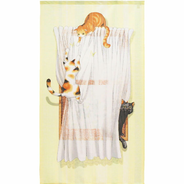 3Dアートのれん おてんばキャット みしまゆかり イラストタッチ 85x150cm 日本製 11095