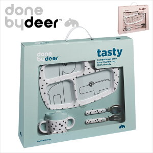 【離乳食デビュー／ベビー食器4点セット】done by deer Happy dot starter dinner set(ハッピードットスターターディナーセット) プレート スプーン フォーク カップ 離乳食 離乳食グッズ ベビー用品 ベビー食器 食器