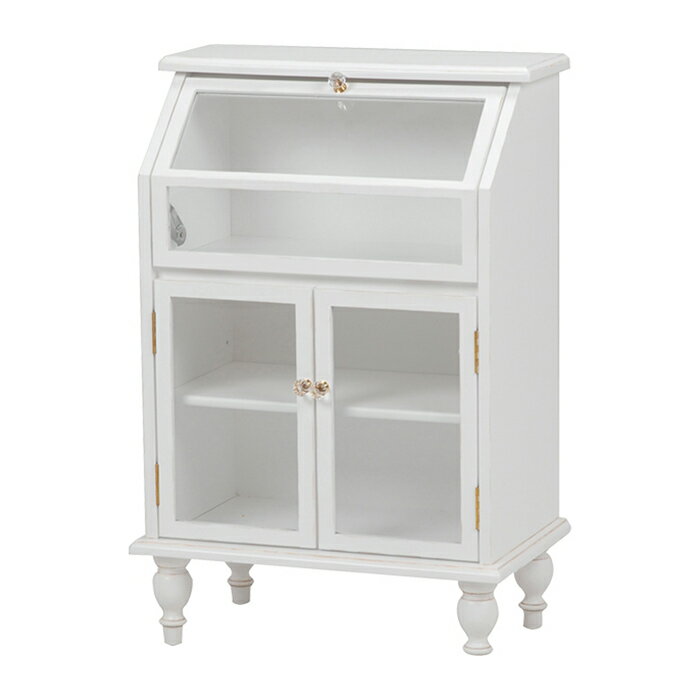 【ポイント7倍！今晩20時開始】チェスト おしゃれ ガラスキャビネット RCC-1788AW ディスプレイ収納 開き扉付き ガラス扉 フラップ扉 かわいい エレガント 木製 アンティーク風 北欧風