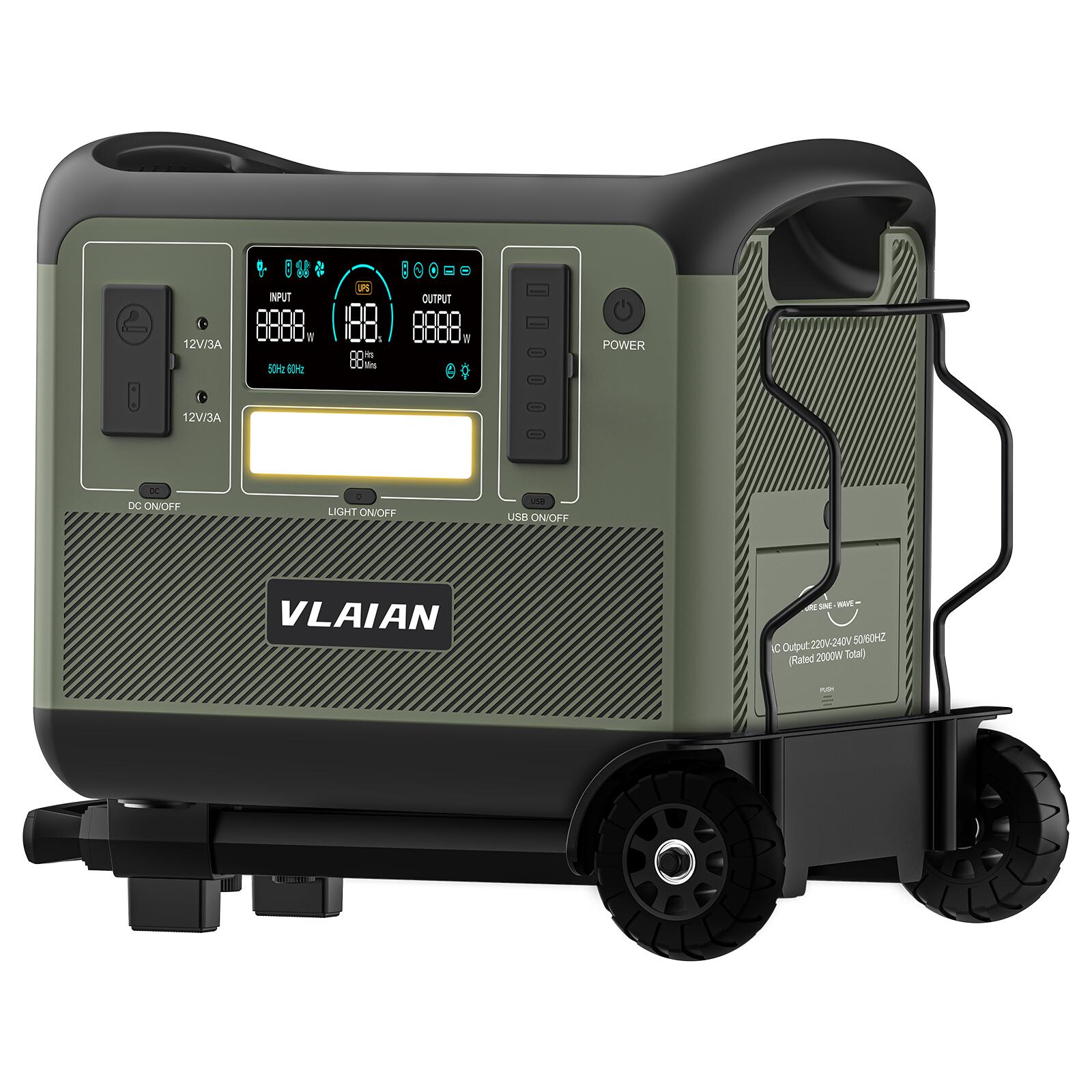 VLAIAN ポータブル電源 2000W 大容量 1536Wh リン酸鉄リチウム電池採用 無停電電源装置(UPS)搭載 1.5H満充電 DC/XT60/USB出力 Type-C PD100W 16ポート同時充電 50Hz/60Hz 純正弦波 静音設計 PSE認証 専用台車