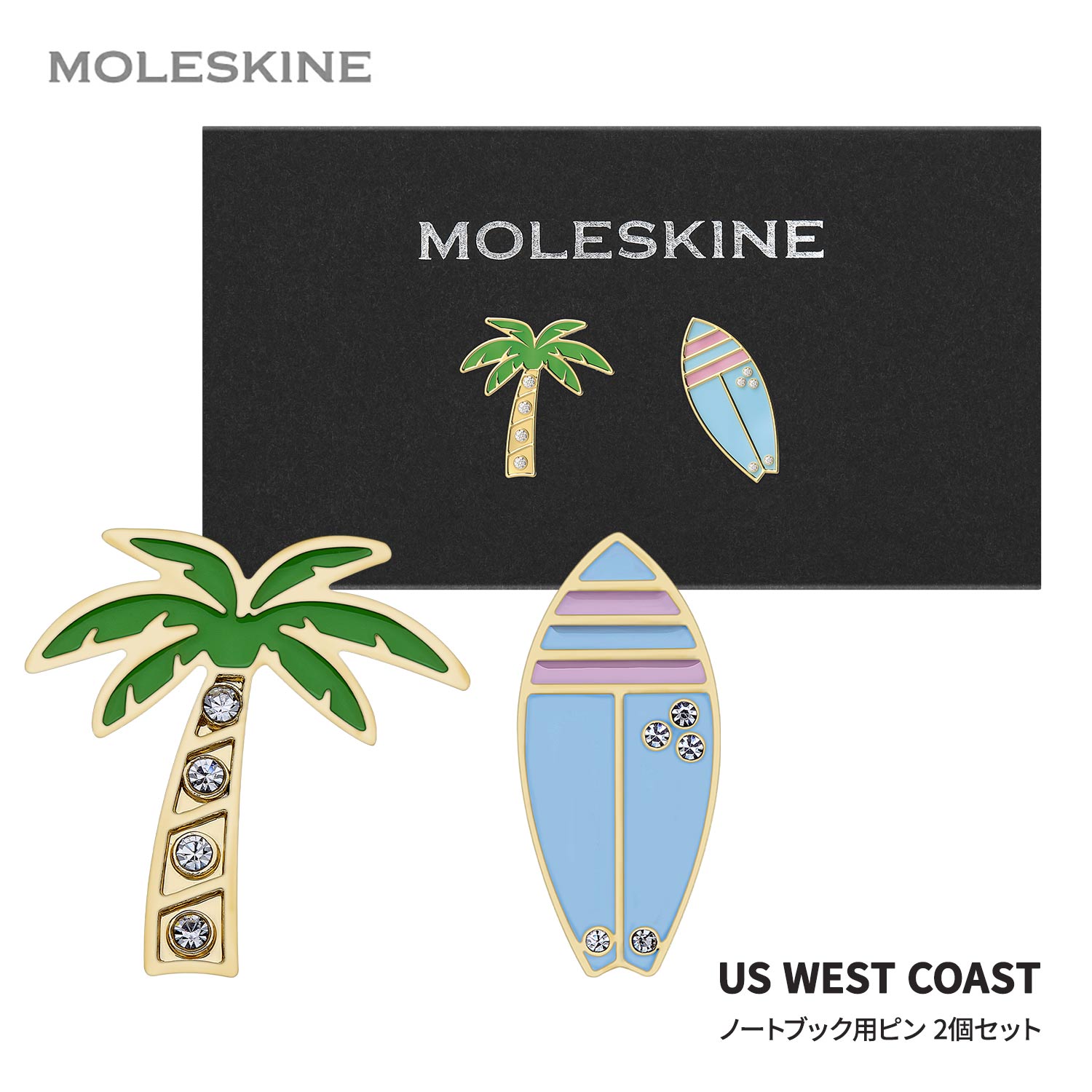  モレスキン ピン ヤシの木 サーフボード カスタマイズ ピン PINS COUNTRY US WEST COAST BOX OF 2 ノートブック用ピン 2個セット アメリカ ピンズ